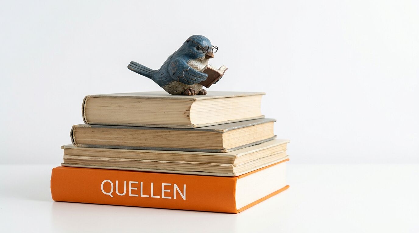 Ein blauer Vogel mit Brille liest auf einem Stapel von Büchern, darunter „QueLlen“