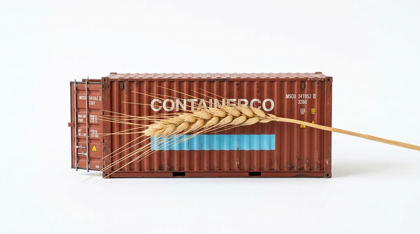 Modell-Schiffscontainer mit offener Tür und aufliegender Weizenähre vor weißem Hintergrund