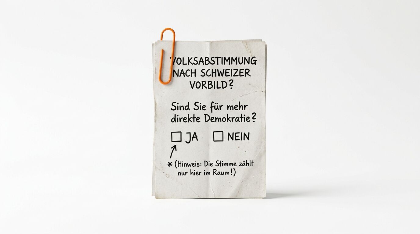 Ein Zettel mit einer Abstimmungsfrage zur direkten Demokratie und einer orangefarbenen Büroklammer