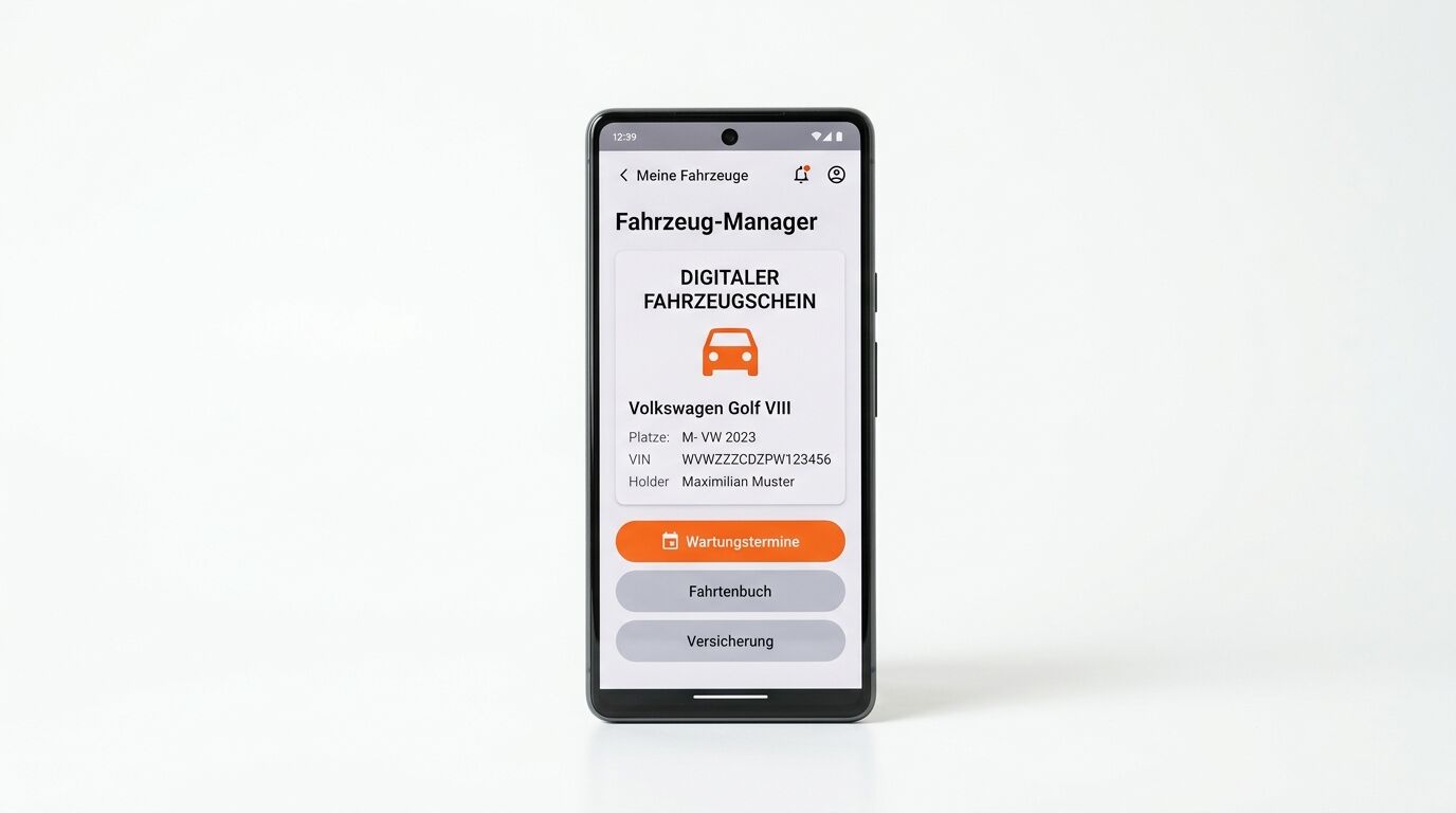Smartphone mit der App „Fahrzeug-Manager“, die einen digitalen Fahrzeugschein anzeigt