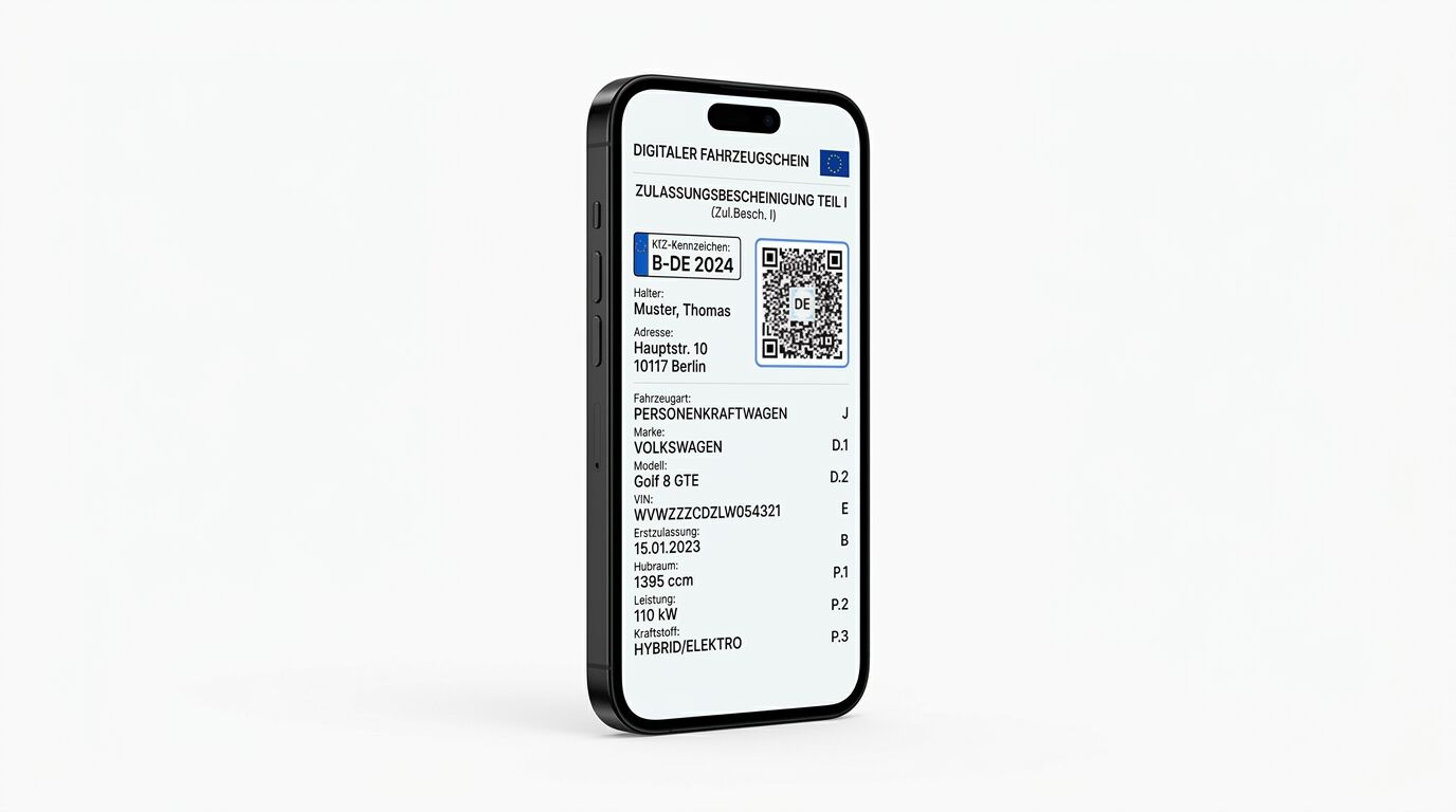 Smartphone zeigt einen digitalen Fahrzeugschein Teil I mit QR-Code vor weißem Hintergrund
