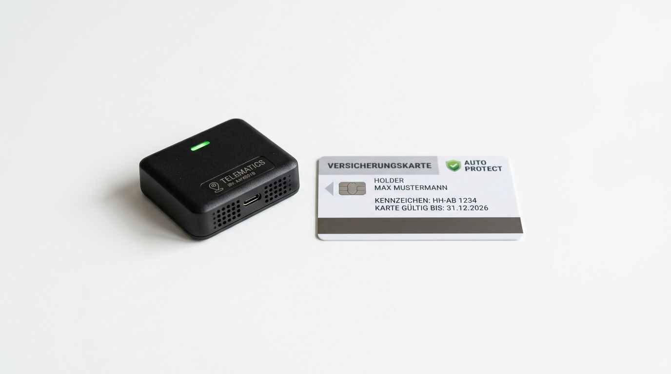Schwarzer Telematik-Stecker und eine Versicherungskarte liegen auf weißem Grund nebeneinander