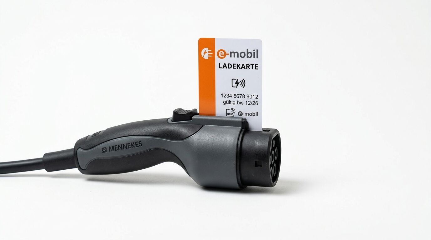 Mennekes Typ-2-Ladestecker mit eingesteckter „e-mobil“ RFID-Ladekarte vor weißem Hintergrund