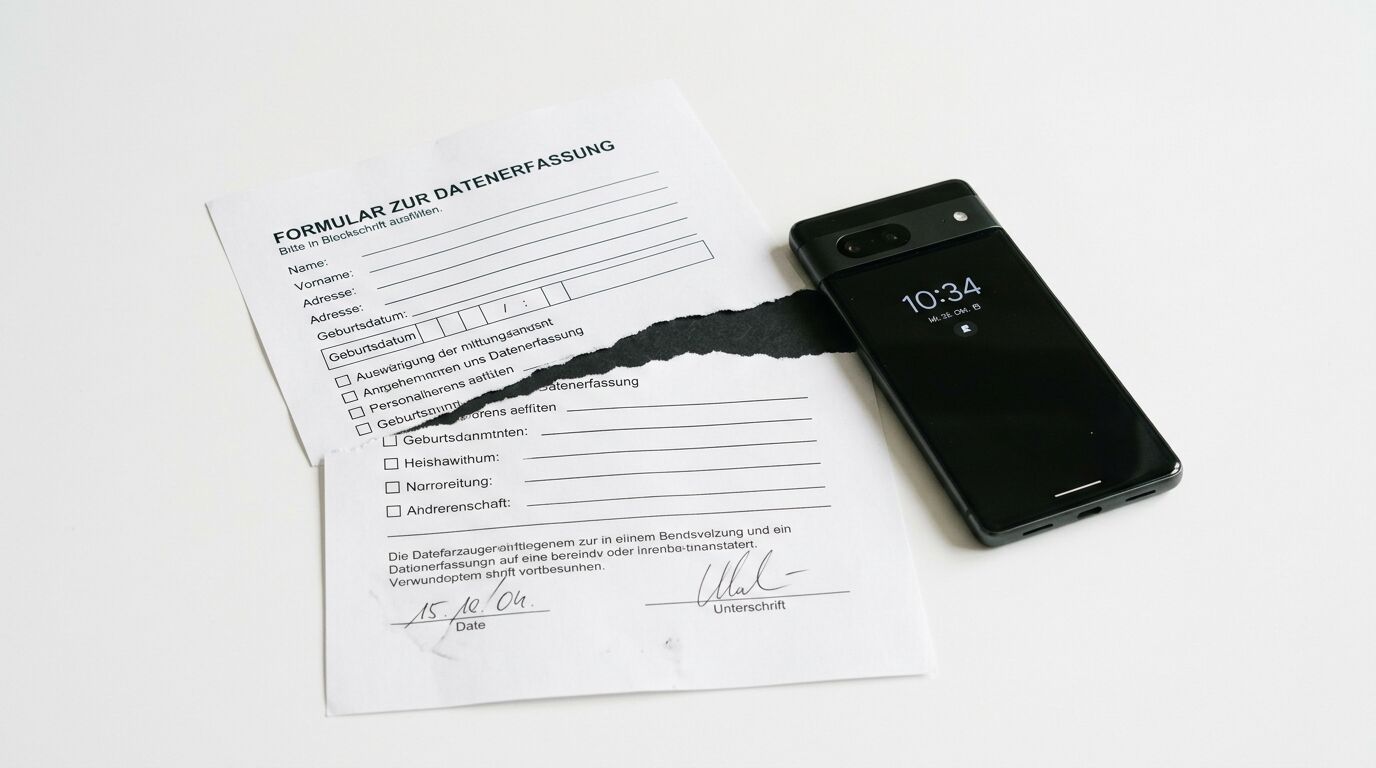 Zerrissenes Datenerfassungsformular und schwarzes Smartphone auf weißem Hintergrund