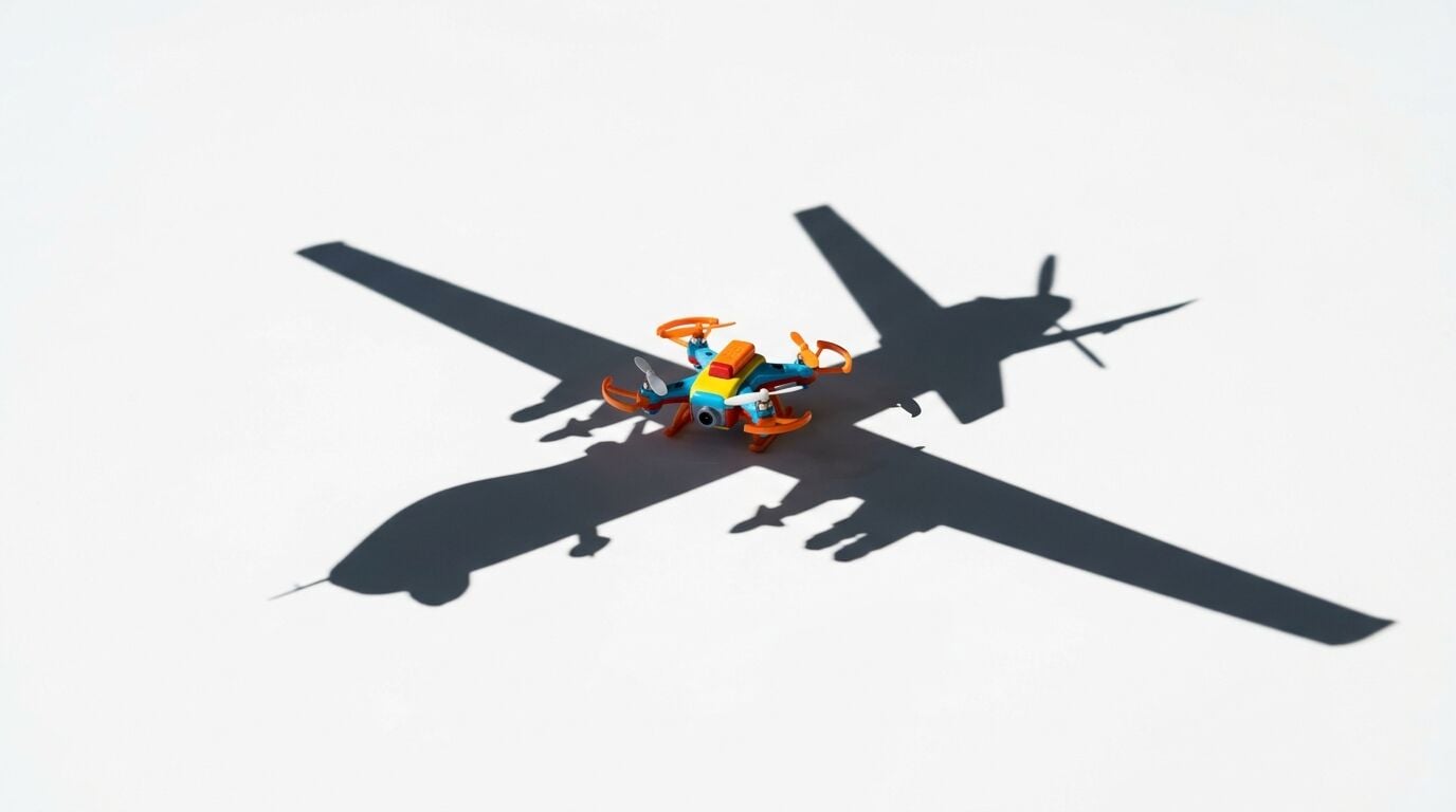 Kleine Spielzeugdrohne auf weißem Grund mit Schatten eines großen Militär-UAV