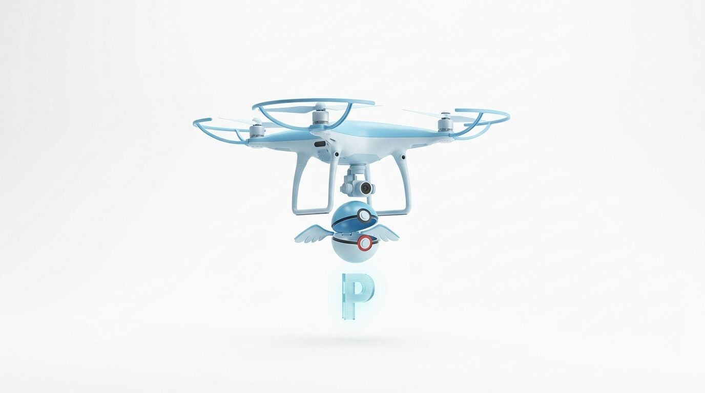 Ein hellblauer Quadrocopter schwebt und projiziert ein holografisches „P“ unter sich