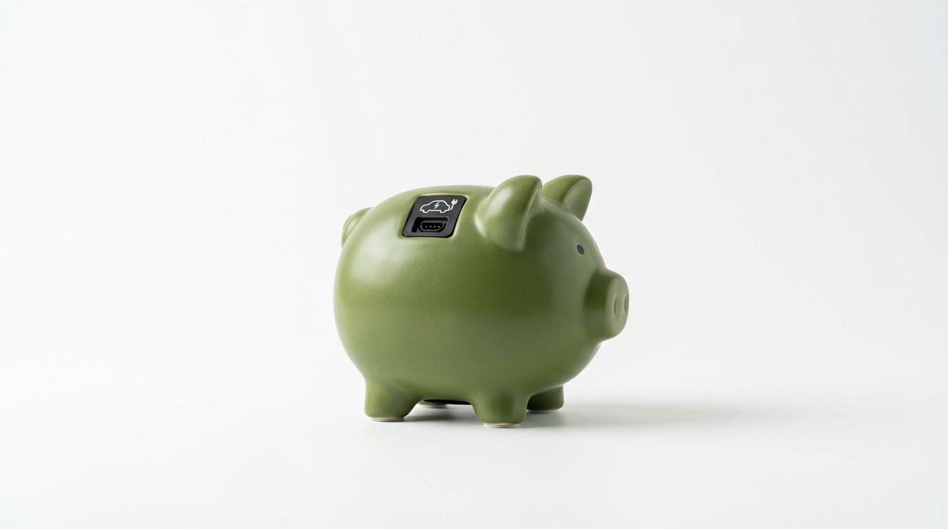 Grünes Sparschwein mit Ladebuchse und E-Auto-Symbol