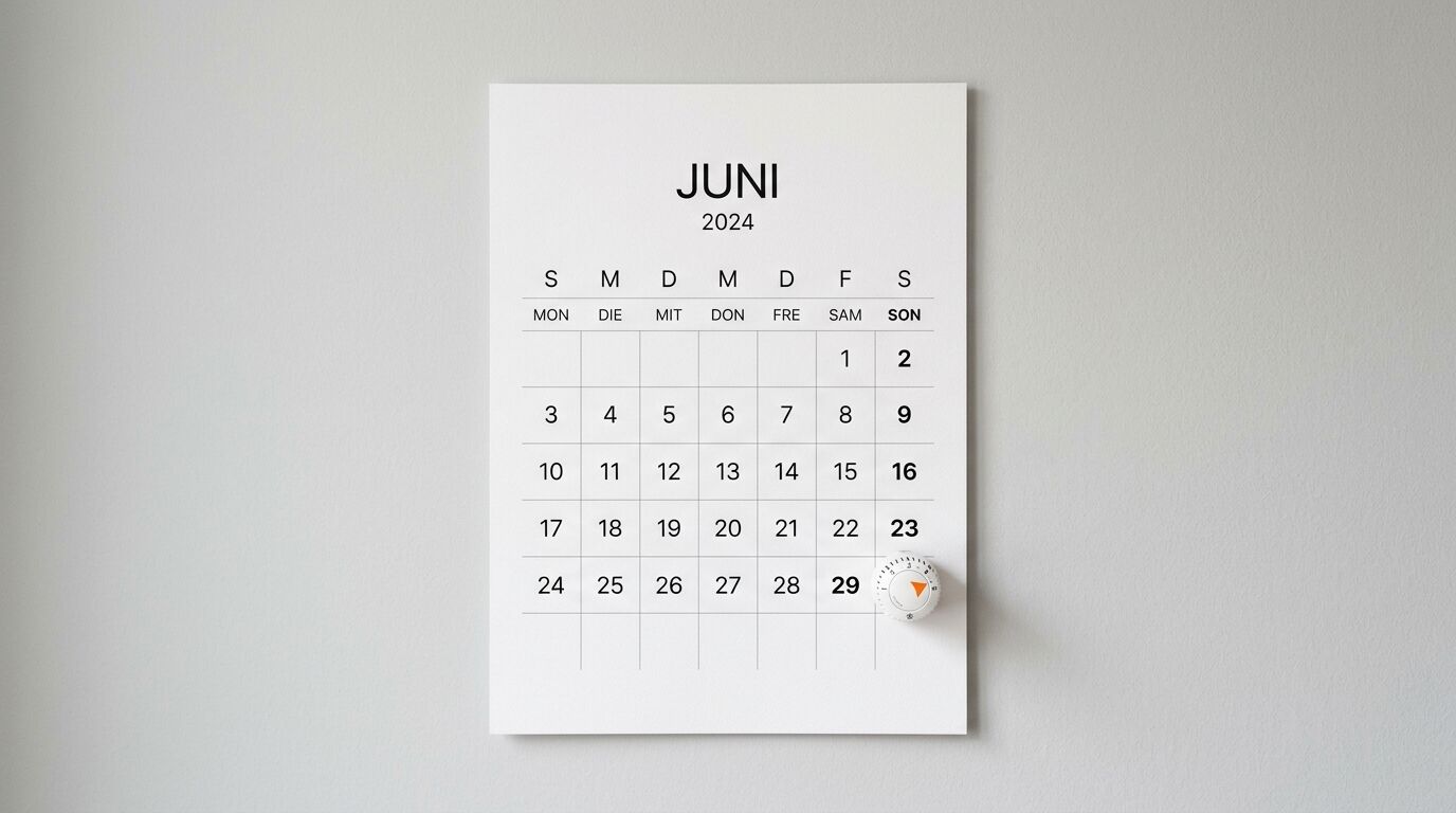 Ein Kalender für Juni 2024 auf einer grauen Wand, rechts unten eine runde Zeitschaltuhr