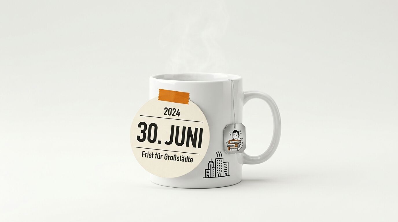 Kaffeetasse mit Dampf und runder Notiz zum 30. Juni 2024, Frist für Großstädte