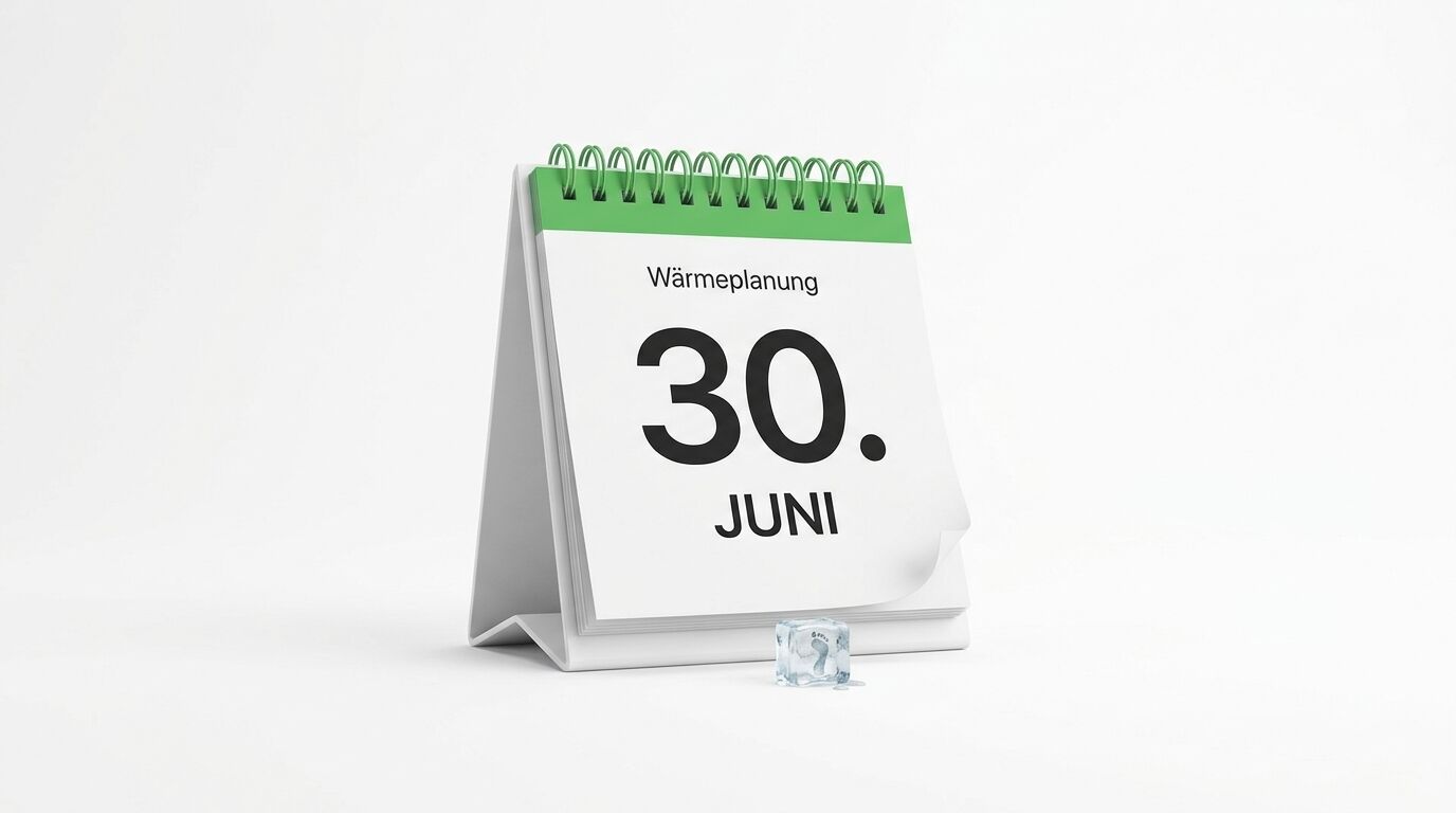 Ein Tischkalender zeigt den 30. Juni, darüber steht „Wärmeplanung“, davor schmilzt ein Eiswürfel