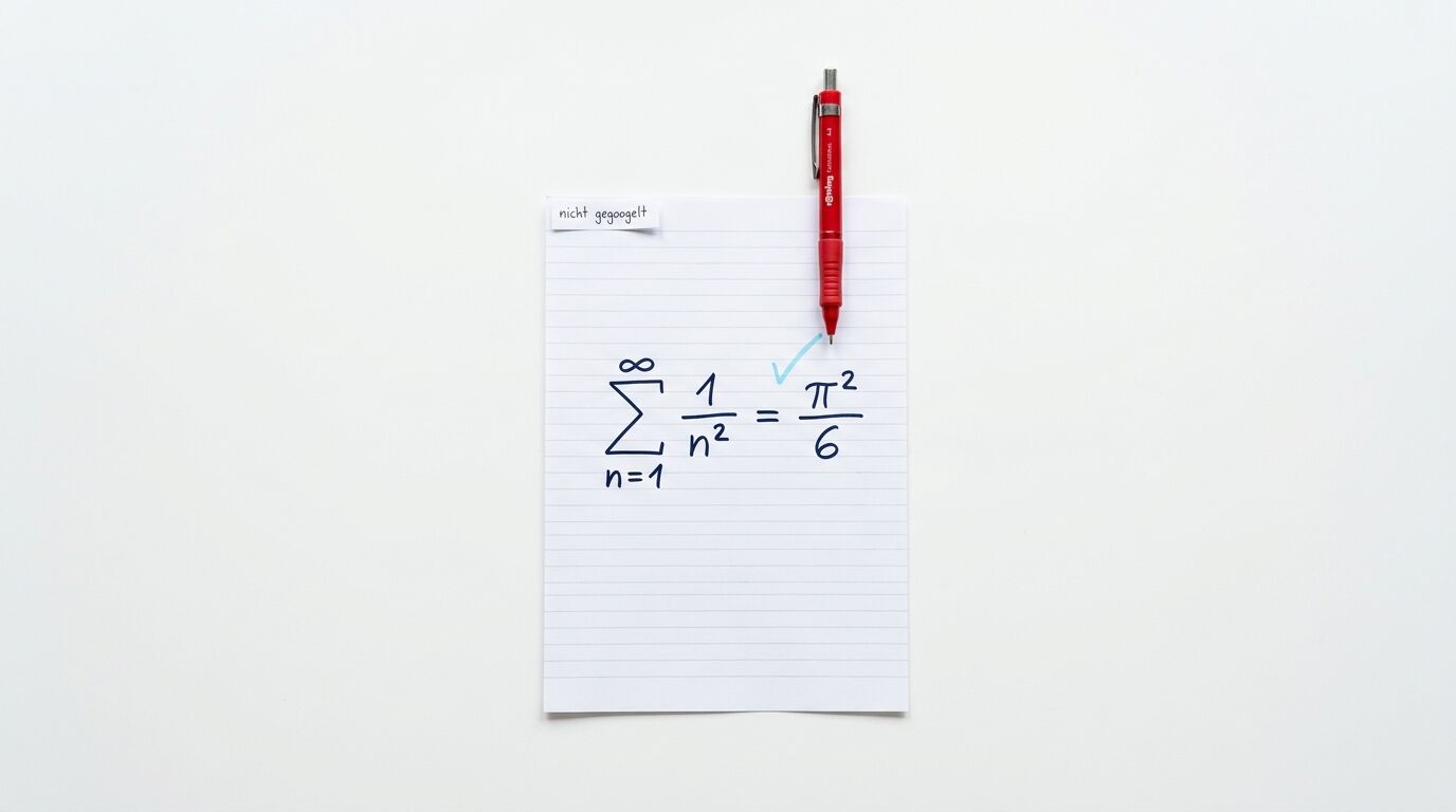 Papier mit mathematischer Formel (Basler Problem), Haken und rotem Stift von oben