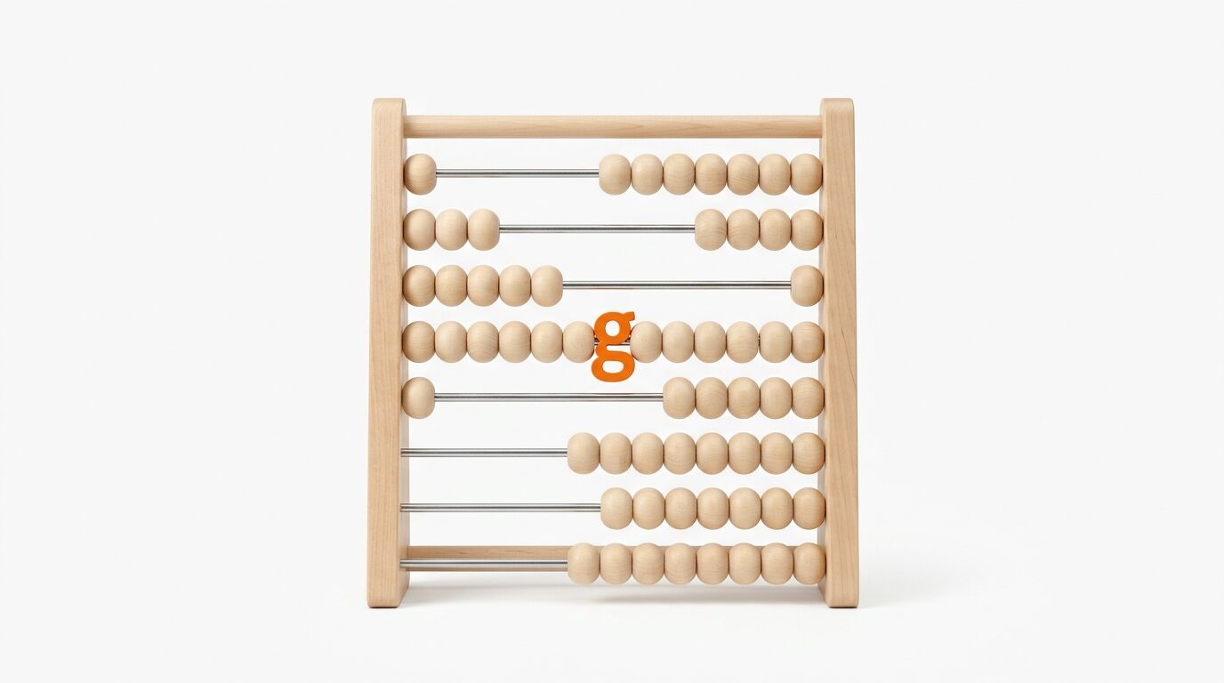 Ein hölzerner Abakus mit einem orangefarbenen Kleinbuchstaben „g“ anstelle einer Kugel