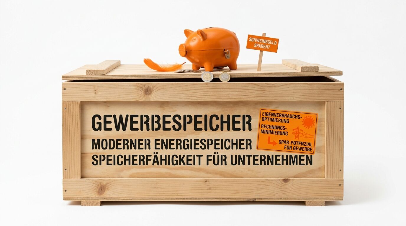 Holzkiste mit Aufschrift „GEWERBESPEICHER“, Sparschwein, Münzen und Feder obenauf, vor weißem Grund