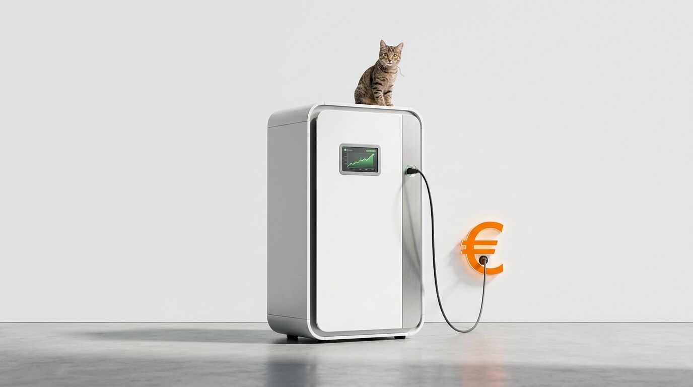 Katze auf weißem Schrank mit Display, Kabel und leuchtendem Euro-Symbol vor weißer Wand