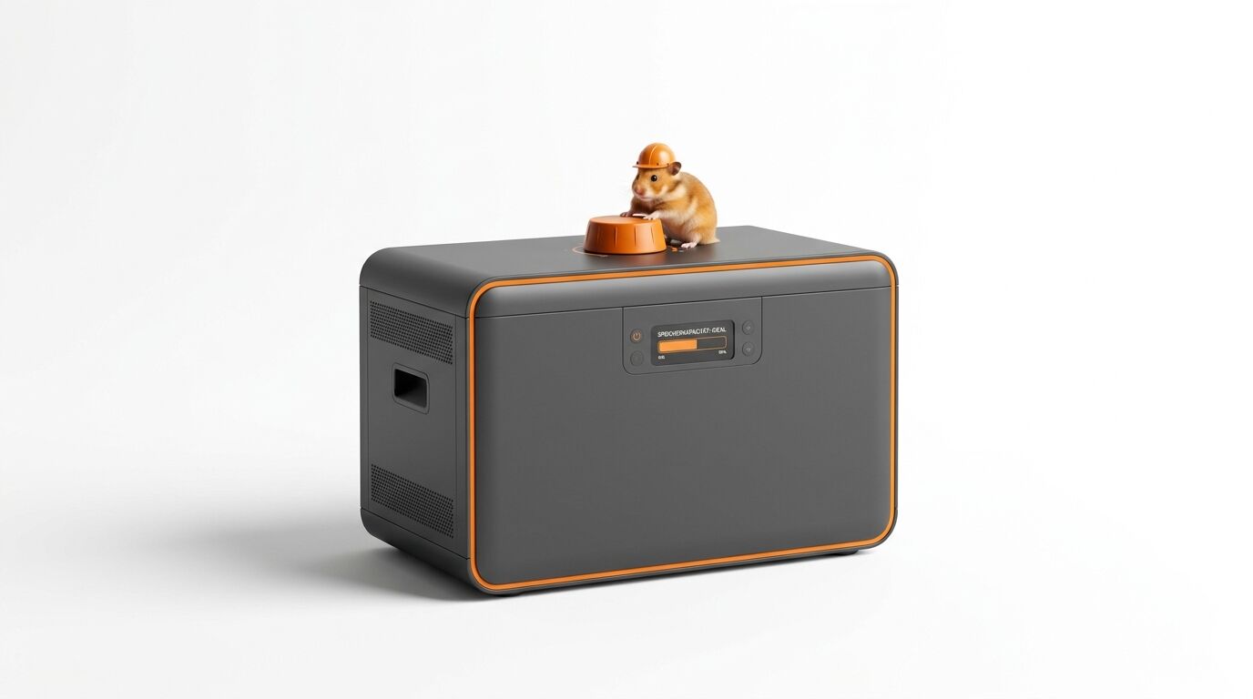 Hamster mit Bauhelm steht auf grauer Powerstation mit Display und orangefarbenem Regler