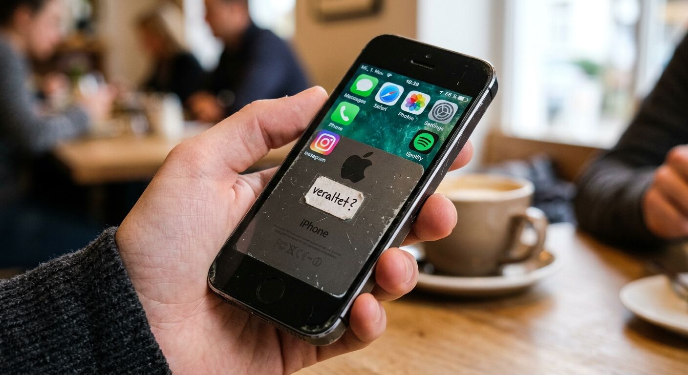 Hand hält altes iPhone in Café mit Sticker auf Display mit der Aufschrift: „veraltet?“
