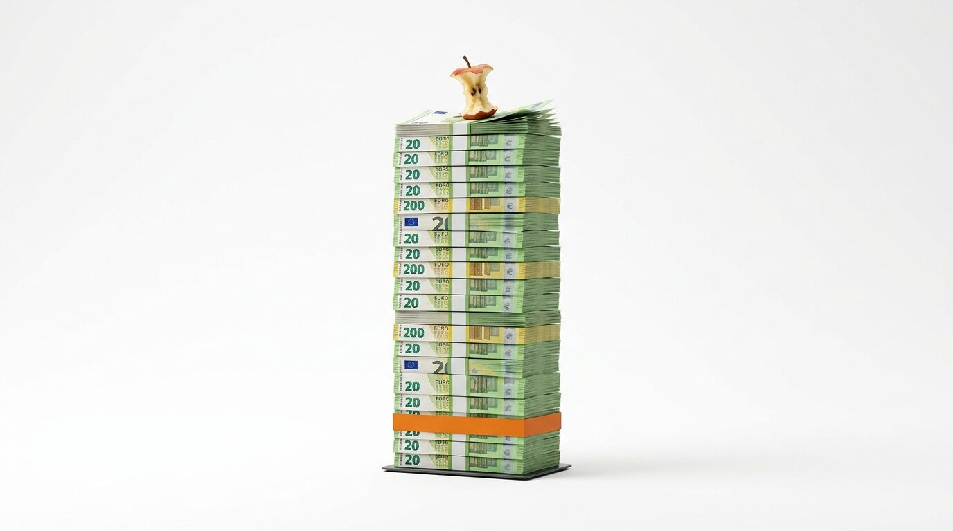 Ein Stapel Euro-Banknoten, gebündelt, auf dem ein angebissener Apfelrest liegt