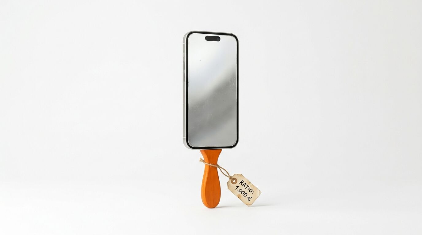 Ein Smartphone-Handspiegel mit Preisetikett vor weißem Hintergrund