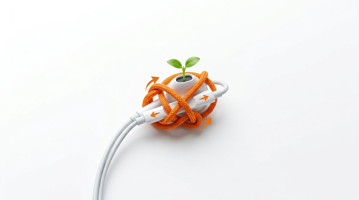 Ein Kopfhörer und sein Kabel sind mit einem orangefarbenen Seil umwickelt, das von einem grünen Trieb und Pfeilen umgeben ist
