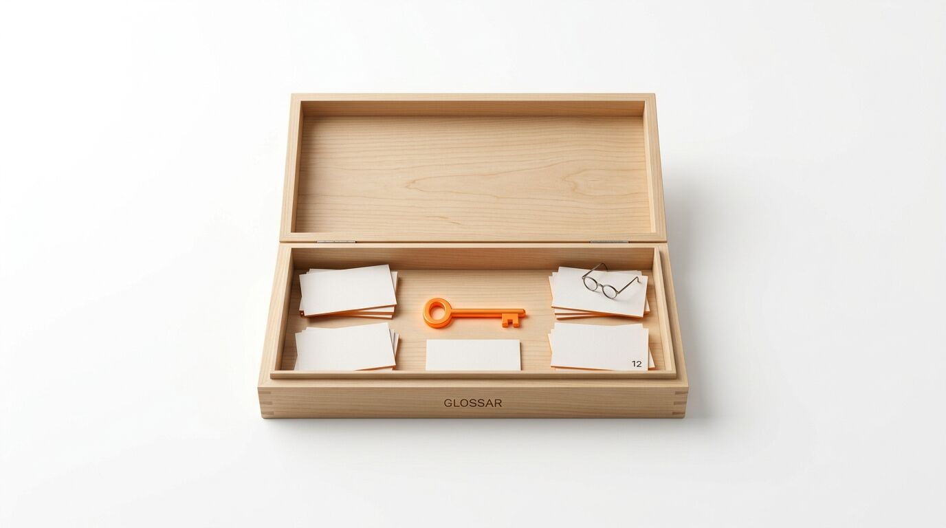 Offene Holzkiste, beschriftet mit GLOSSAR, enthält leere Karteikarten, einen orangefarbenen Schlüssel und eine Brille