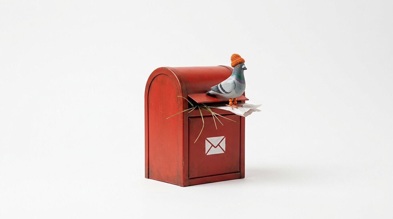 Roter Briefkasten mit Holztaube, die eine orangefarbene Mütze trägt, auf weißem Grund