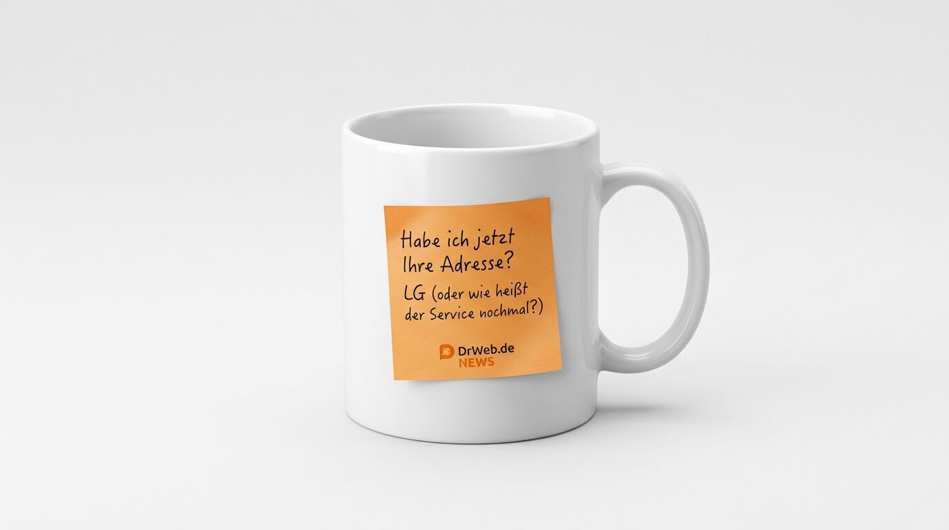 Weiße Tasse mit orangefarbenem Haftnotizzettel, Text und Logo auf weißem Hintergrund