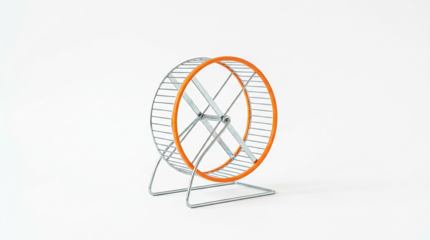 Ein freistehendes Hamsterrad aus Metallgitter mit orangefarbenem Rand vor weißem Hintergrund
