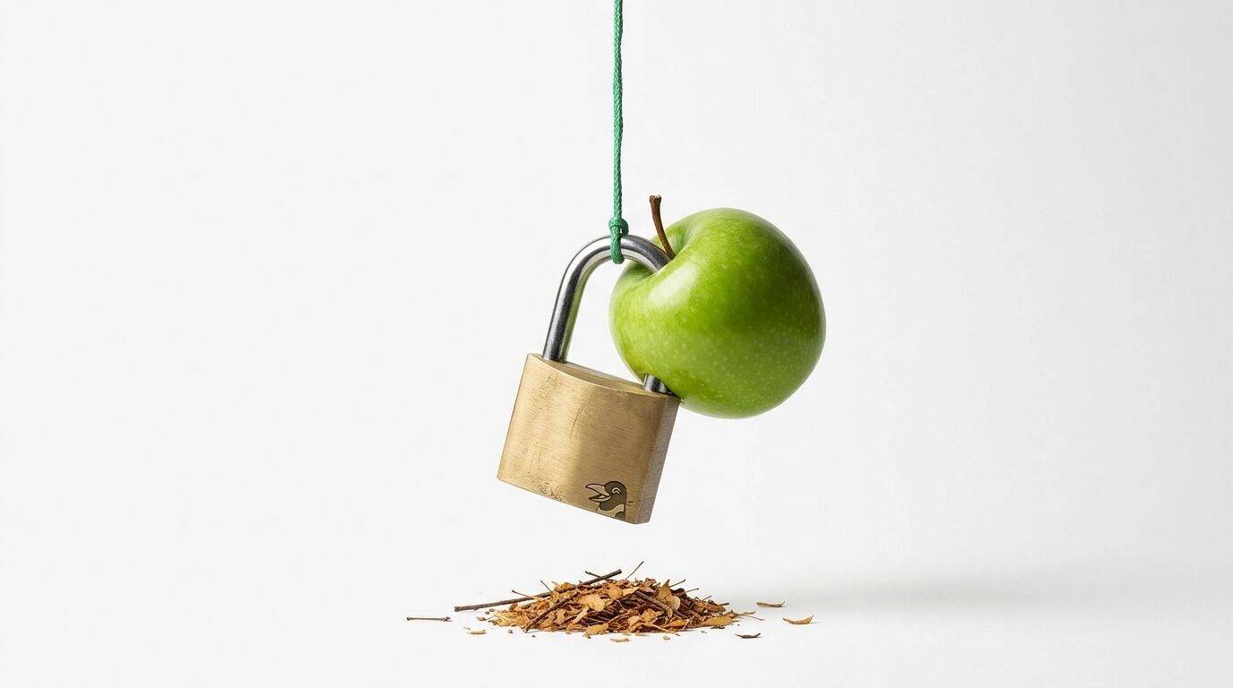 Ein Vorhängeschloss und ein Apfel hängen an einer Schnur über einem Haufen Laub
