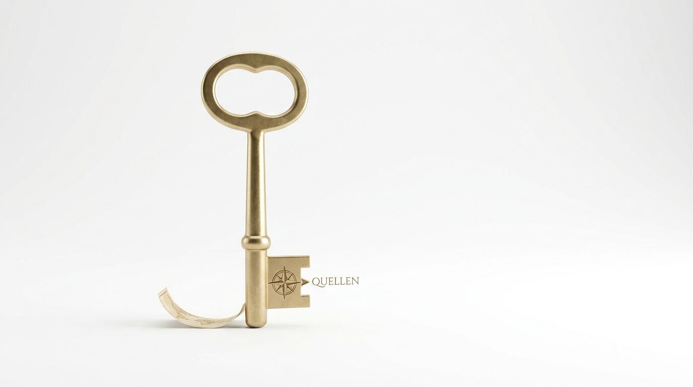 Goldener Schlüssel mit Kompassmotiv und Papierrolle vor weißem Hintergrund, Text „QUELLEN“