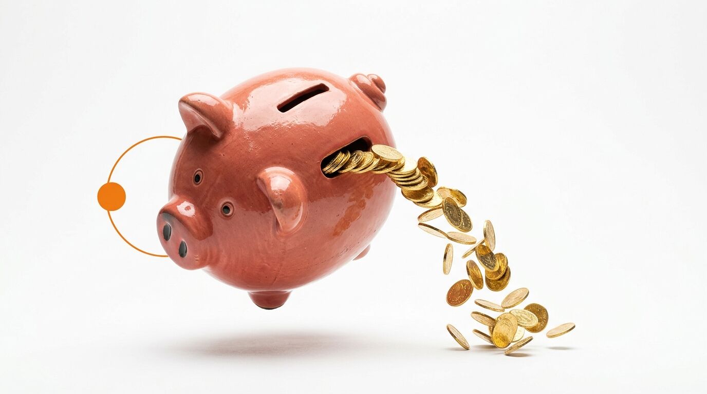 Ein Sparschwein, aus dem Goldmünzen herausfallen, auf weißem Hintergrund