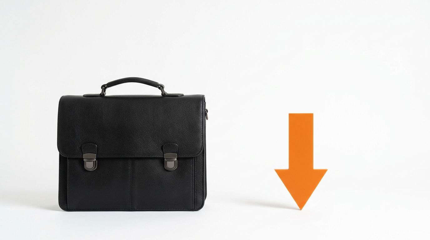 Ein schwarzer Aktenkoffer aus Leder steht neben einem orangefarbenen, nach unten zeigenden Pfeil