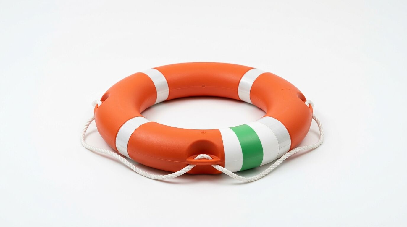 Ein orangefarbener Rettungsring mit weißem Seil und grün-weißen Streifen
