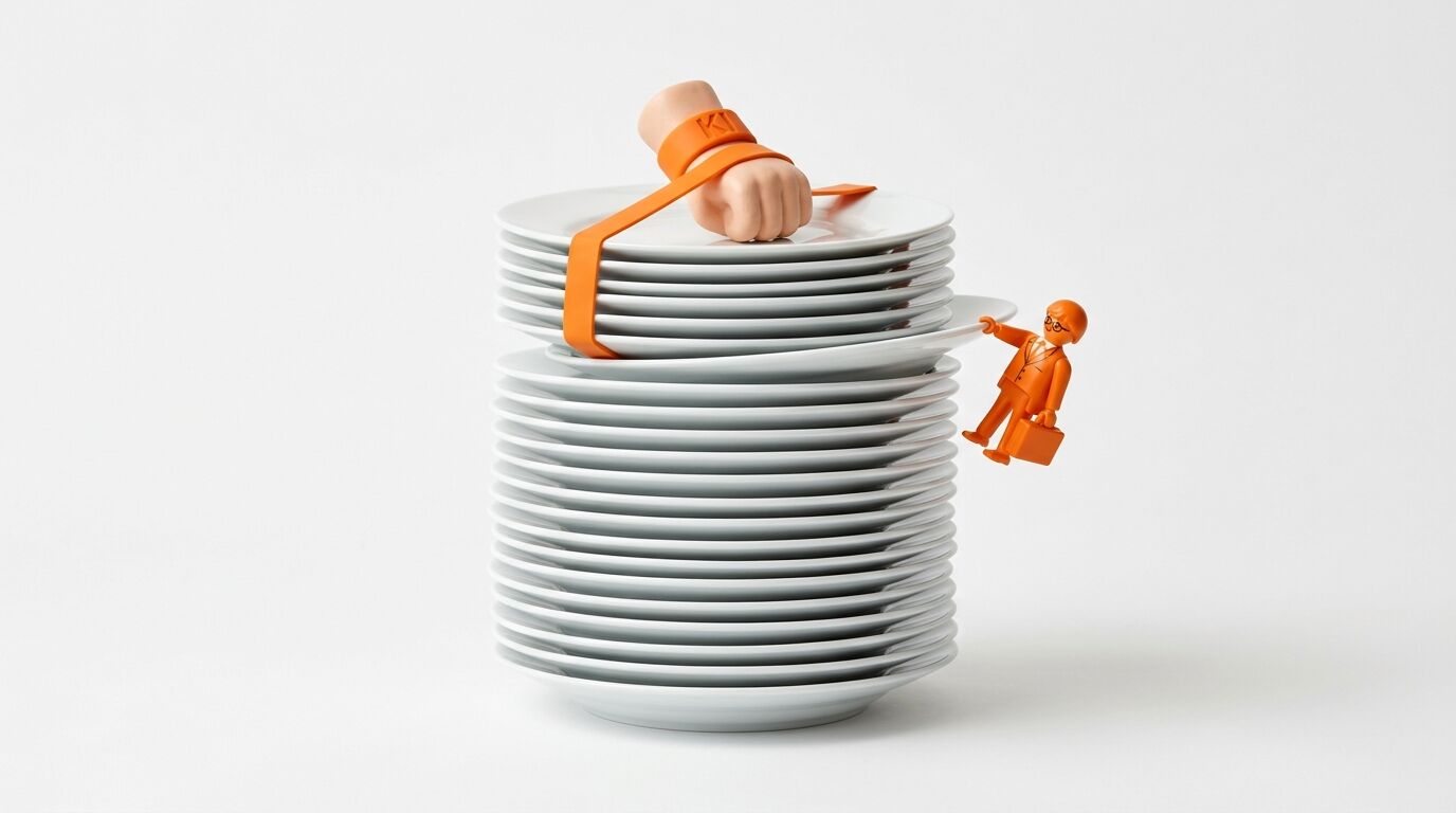 Fist and orange figure hanging from a stack of white plates with orange strap, side view