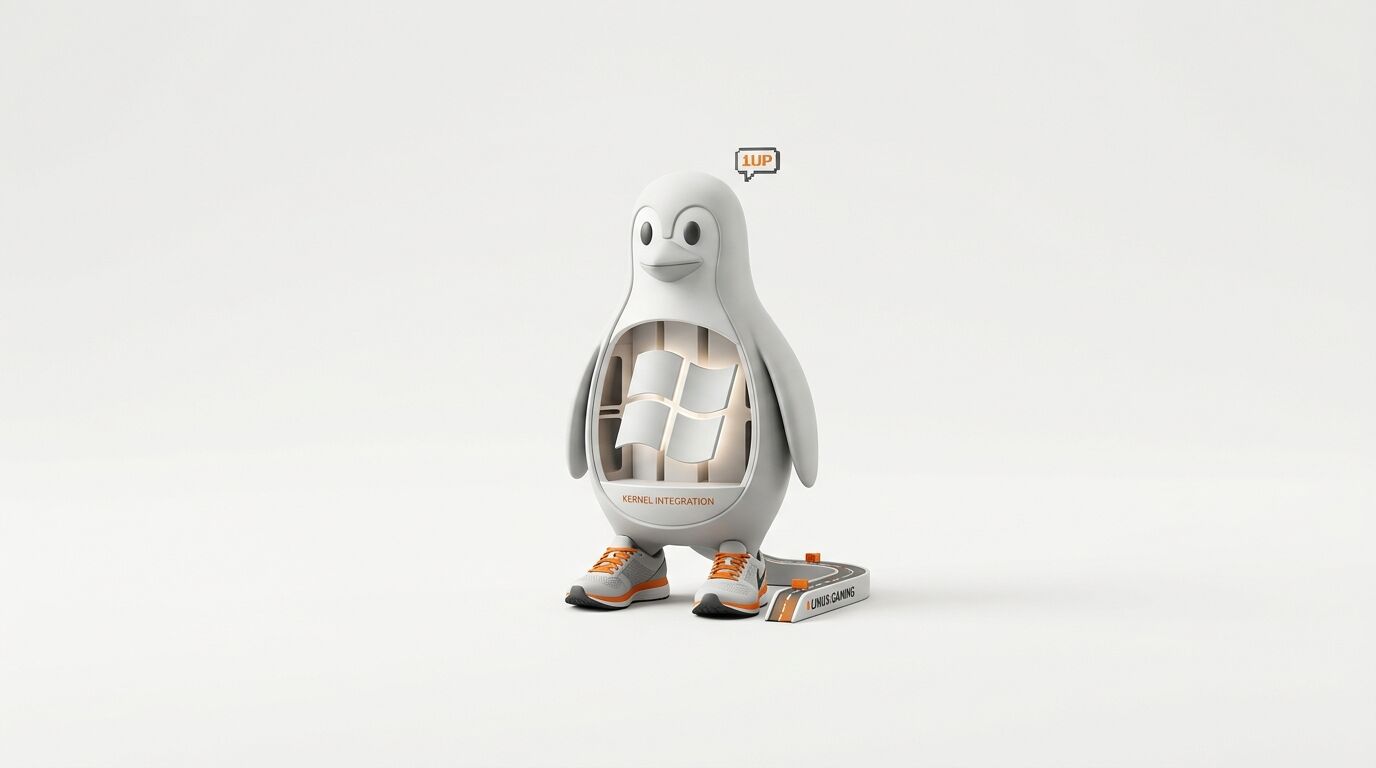Heller Pinguin mit Windows-Logo im Bauch, Laufschuhen und 1UP-Sprechblase auf Weiß