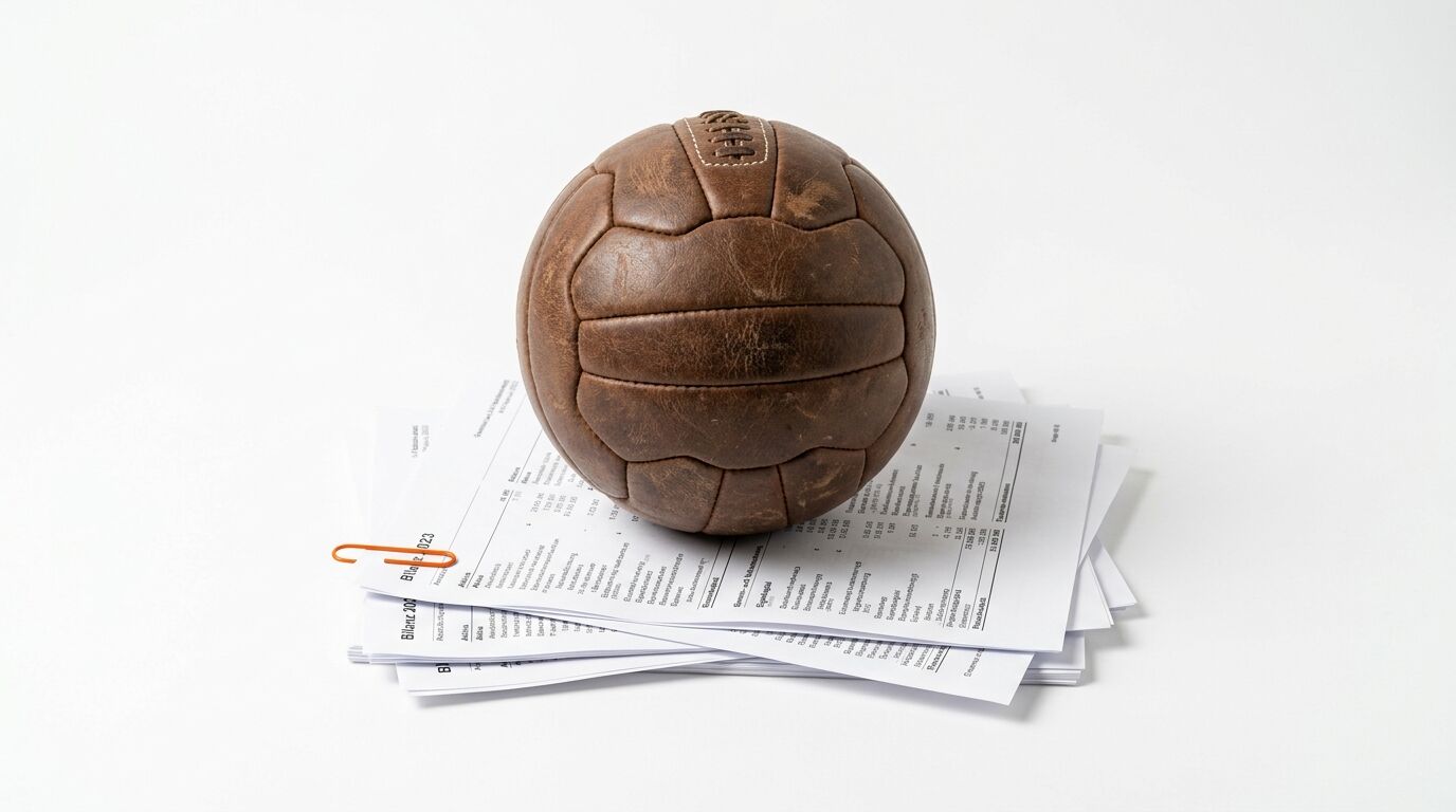 Alter Lederball liegt auf einem Stapel Papierkram mit einer orangefarbenen Büroklammer