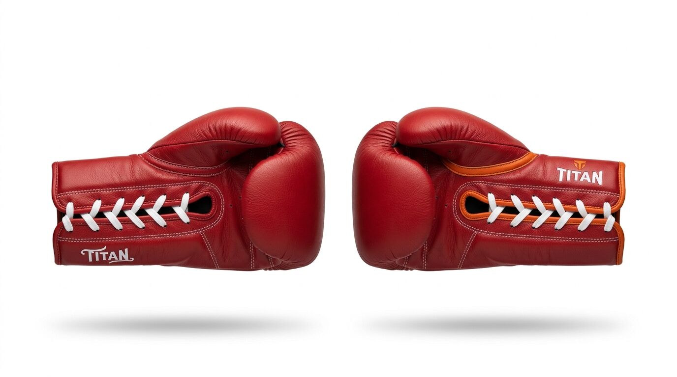 Ein Paar rote Boxhandschuhe zum Schnüren, jeweils mit dem weißen Schriftzug „TITAN“ darauf
