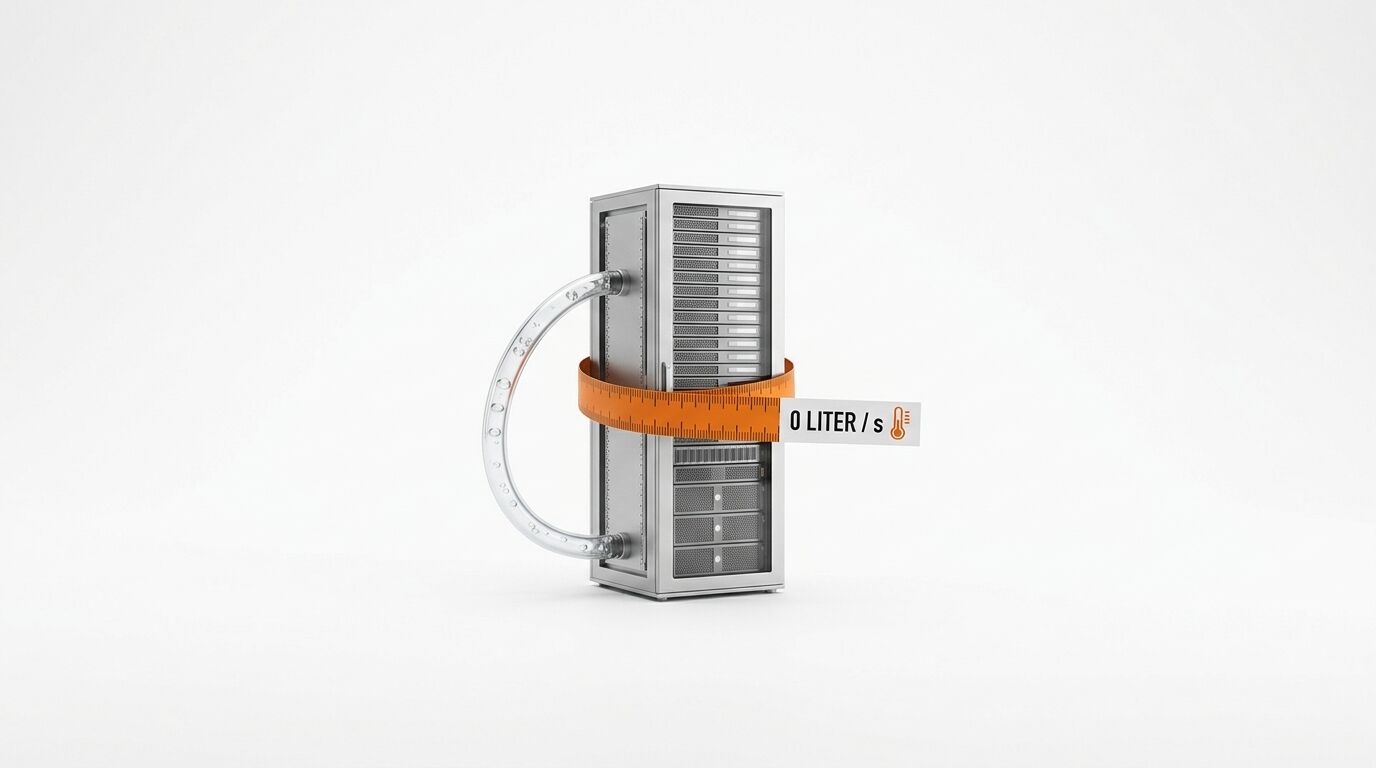 Serverschrank mit Flüssigkeitskühlungsschlauch und orangefarbenem Maßband „0 LITER / s“