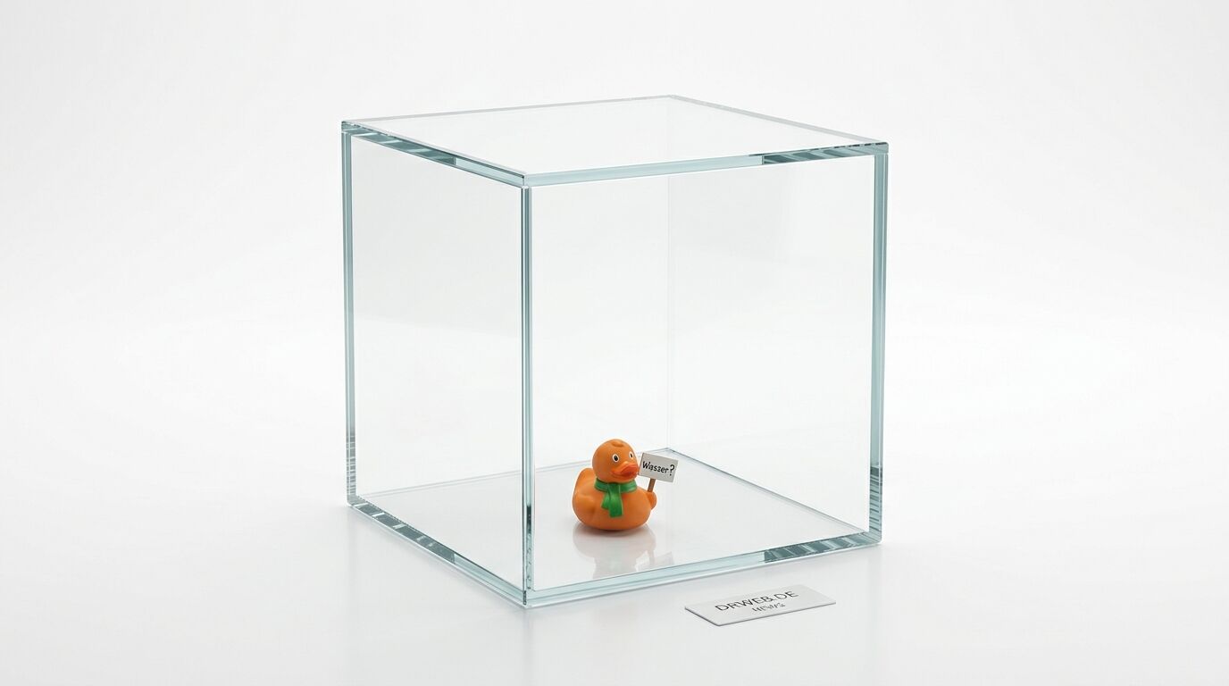 Badeente mit Schild „Wasser?“ in einem transparenten Glaskasten vor weißem Hintergrund