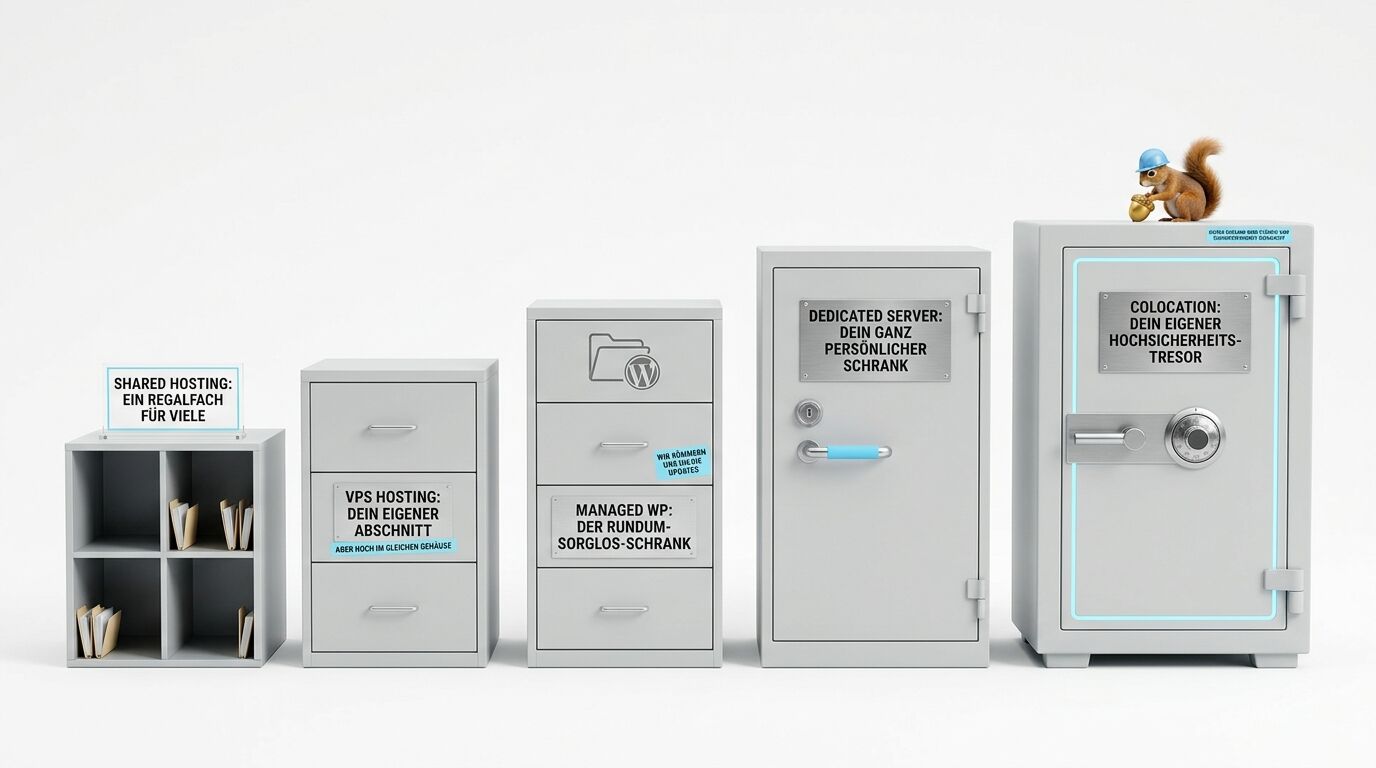 Fünf Büromöbel und Safes nebeneinander, zunehmend massiv, mit Texten zu Webhosting-Optionen