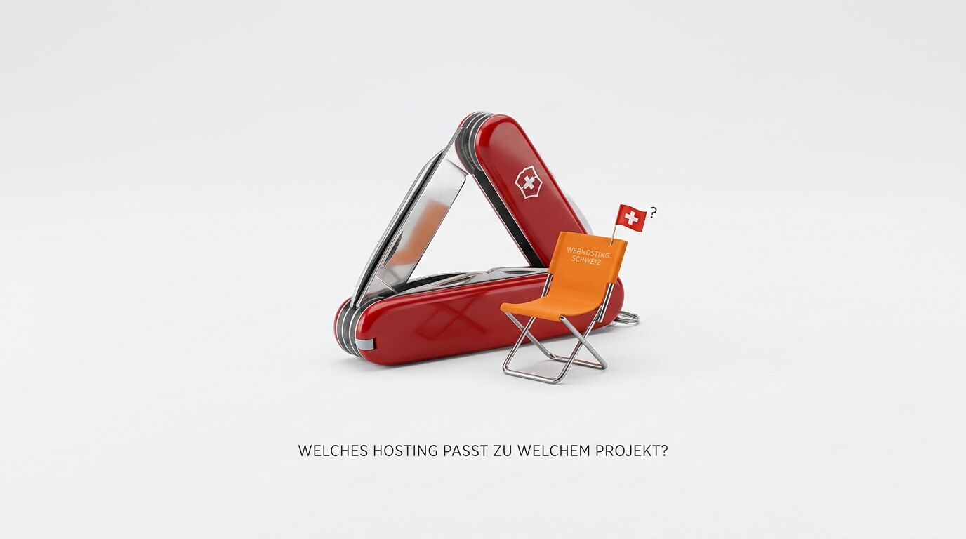 Rotes Sackmesser mit orangefarbenem Stuhl und Schweizer Flagge auf weissem Hintergrund. Text darunter