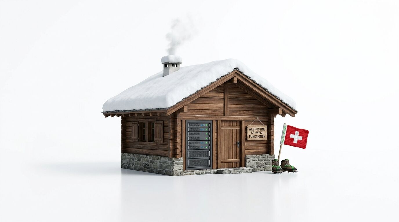Eine schneebedeckte Holzhütte mit einem Server, einem Schild und einer Schweizer Flagge