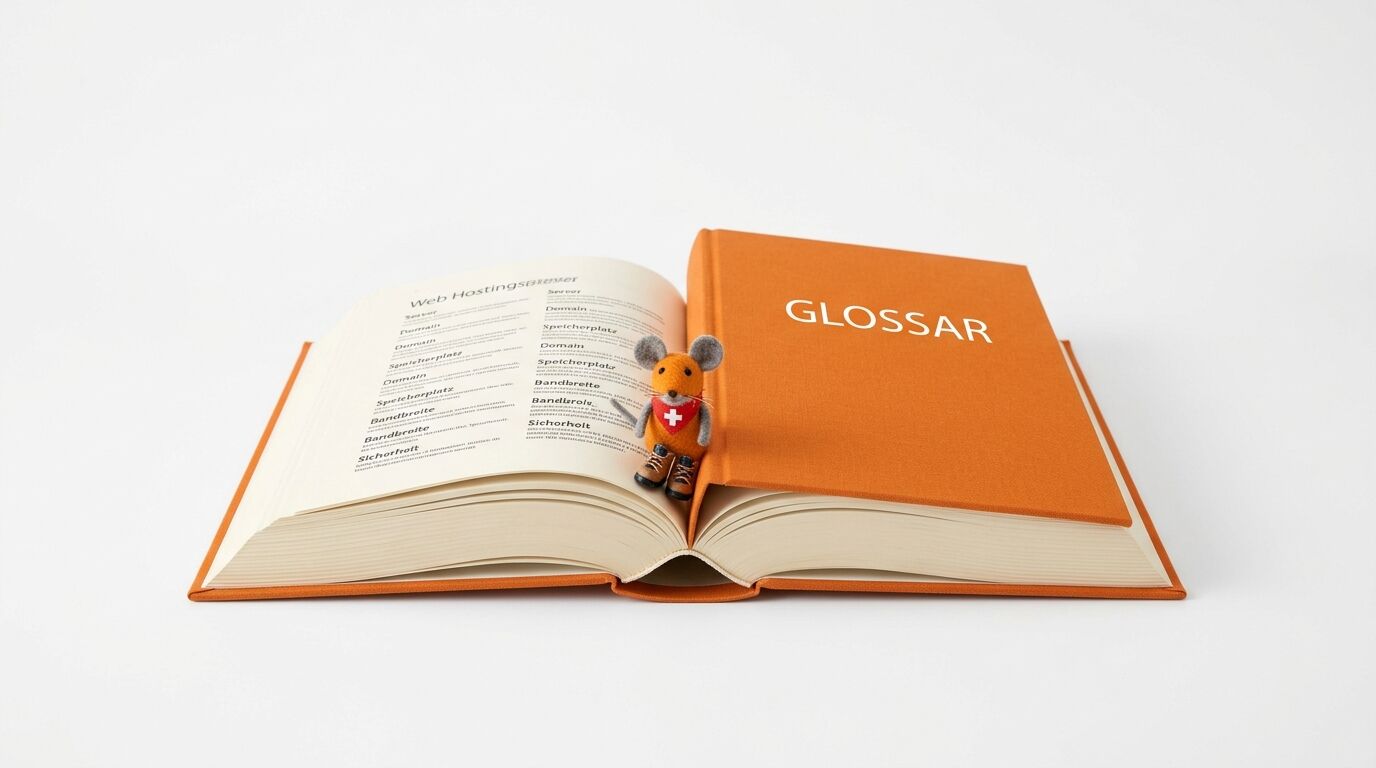 Aufgeschlagenes orangefarbenes Buch mit Text und einer kleinen Plüschmaus vor weißem Hintergrund