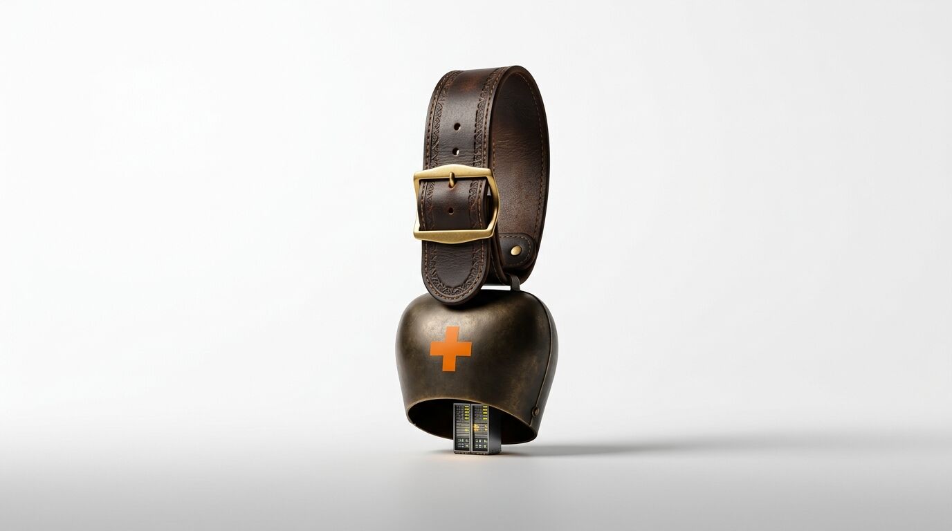 Eine Kuhglocke mit Lederriemen und orangefarbenem Kreuz auf weißem Grund