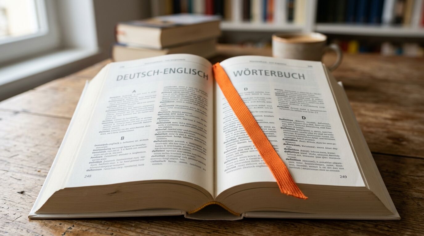 Aufgeschlagenes Deutsch-Englisch Wörterbuch auf Holztisch mit orangem Leseband
