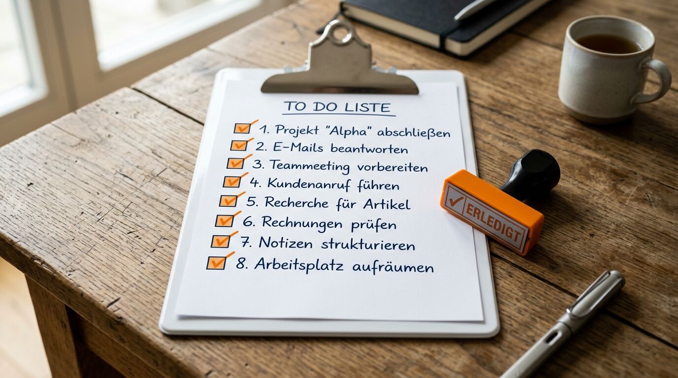 Abgehakte To-Do-Liste auf einem Klemmbrett mit Stempel und Stift auf einem Holztisch