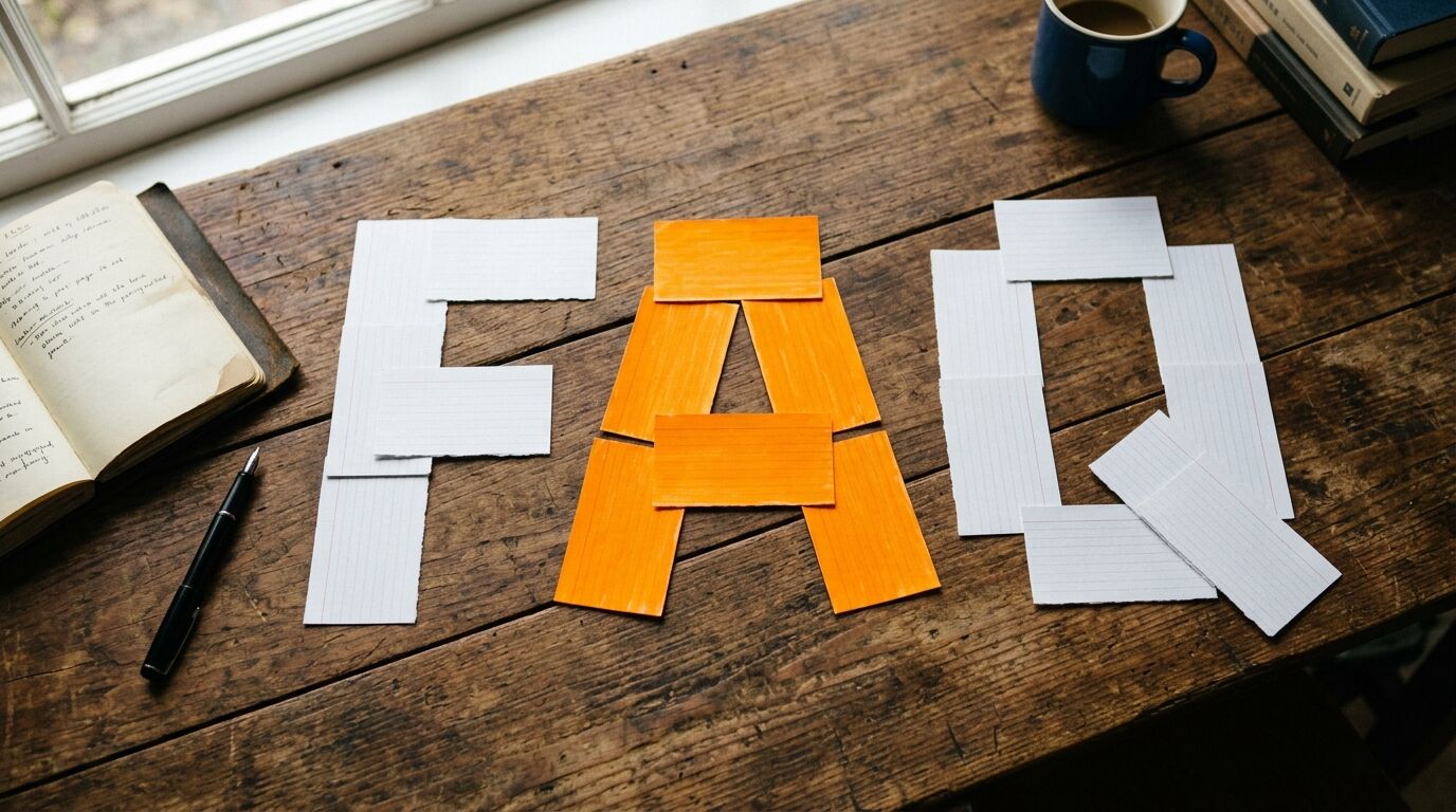Das Wort FAQ aus weißen und orangen Notizzetteln auf einem Holztisch gelegt