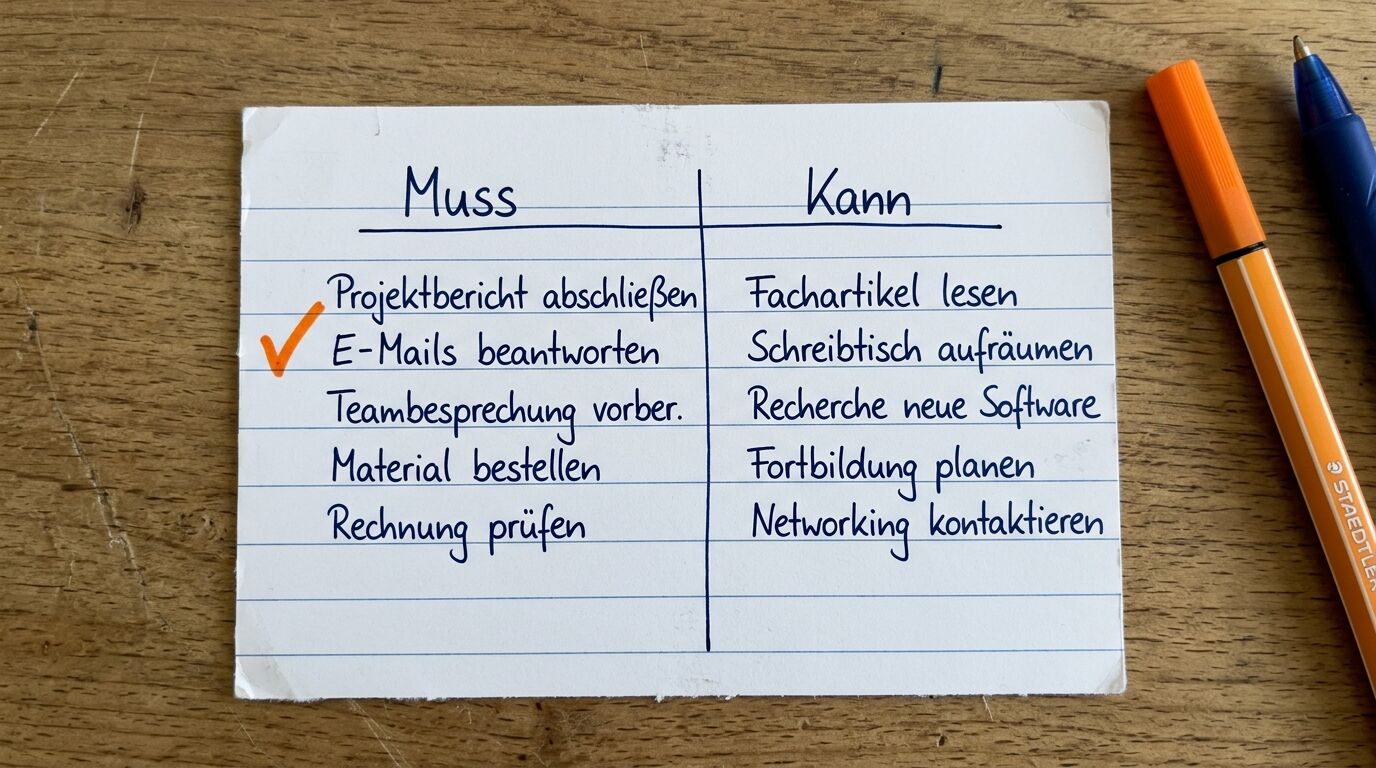 To-do-Liste auf Karteikarte mit „Muss“- und „Kann“-Spalten auf Holztisch mit Stiften