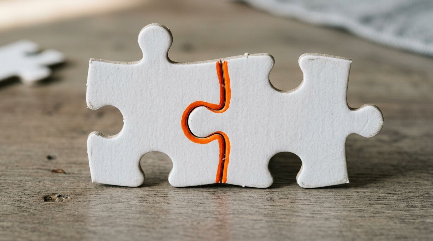 Zwei weiße Puzzleteile mit oranger Verbindungslinie auf Holzgrund