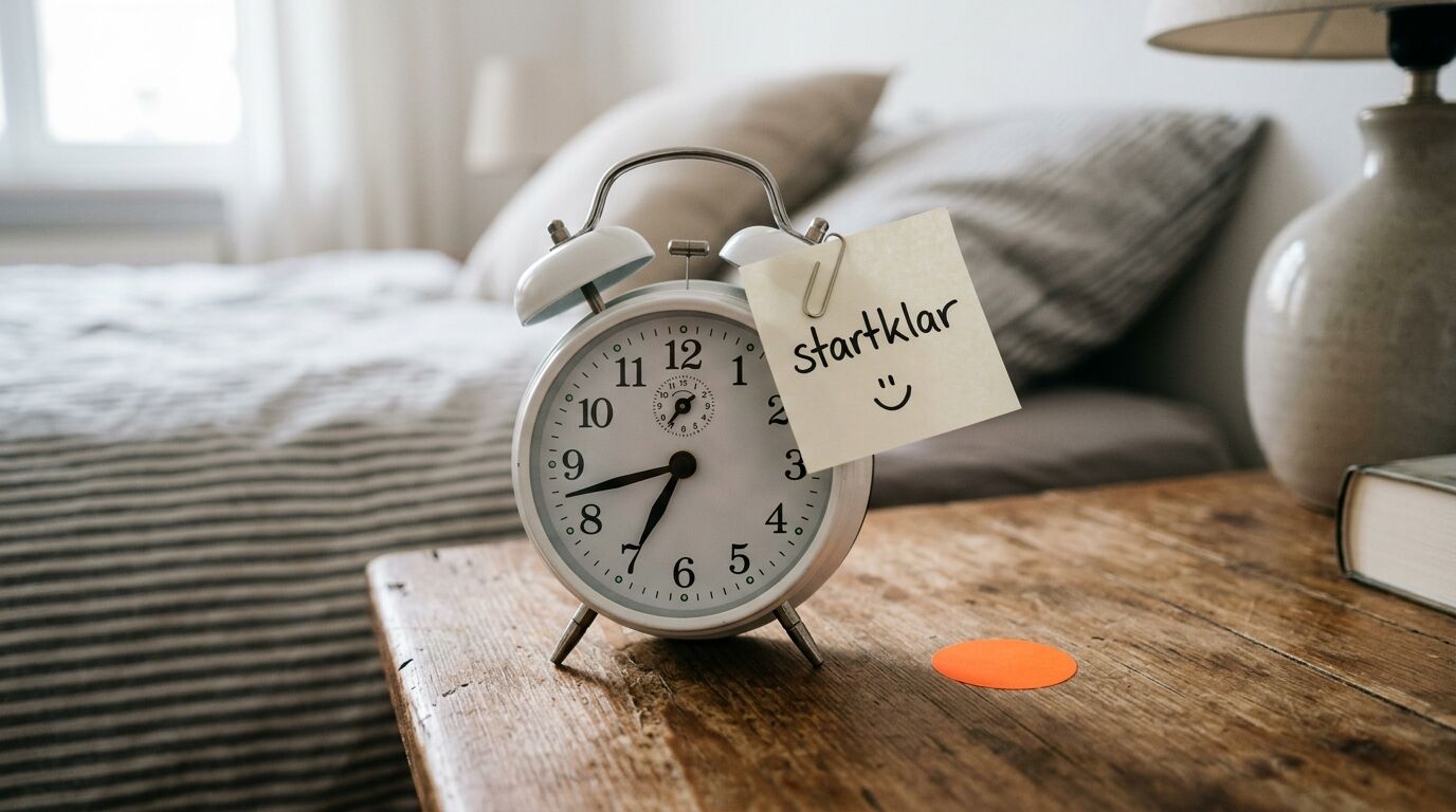Ein weißer Wecker steht auf einem Holztisch, an ihm haftet ein Zettel mit der Aufschrift „startklar“