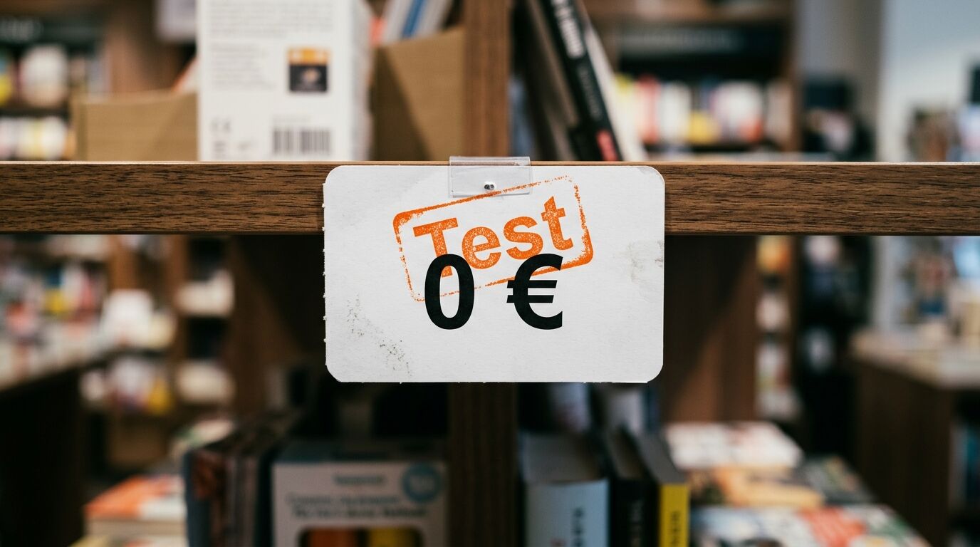 Ein Regal-Schild mit der Aufschrift „0€“ und einem orangen „Test“-Stempel im Fokus